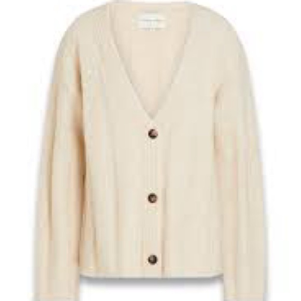 Iris and Ink | L | 3 button Cream Women's boyfriend cardigan vneck long cardi - Picture 2 of 7